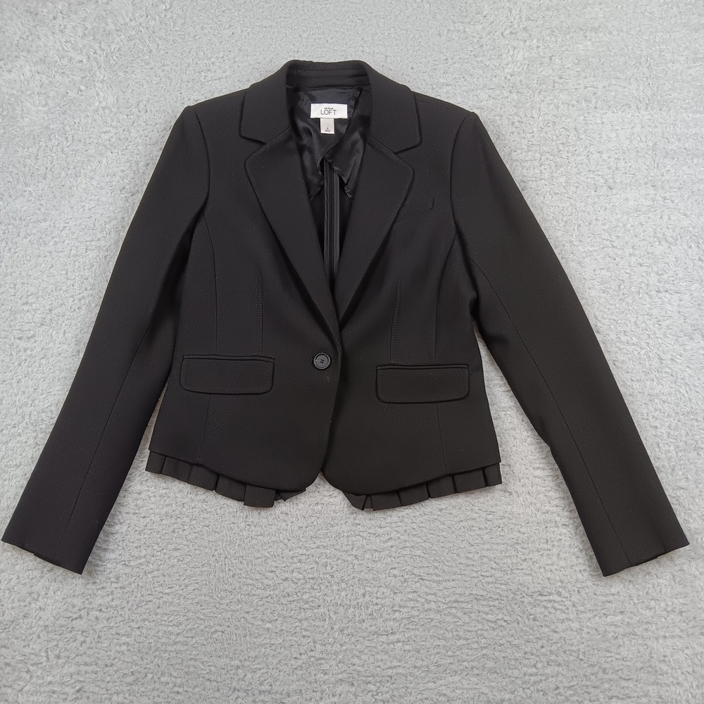 Ann Taylor Loft Blazer Woman 4 Black Ruffle Hem Pleated Trim Stretch
